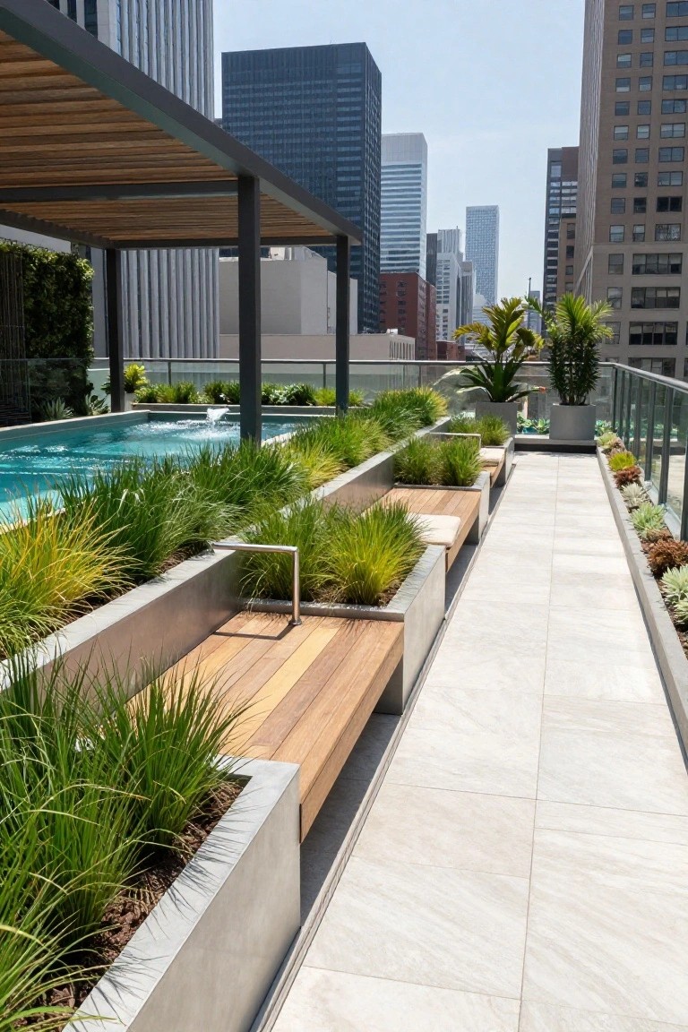 Rooftop pool edged by linear metal planters filled with tall green and yellow grasses, with integrated wooden benches along a white tiled walkway and glass railing overlooking city skyscrapers.