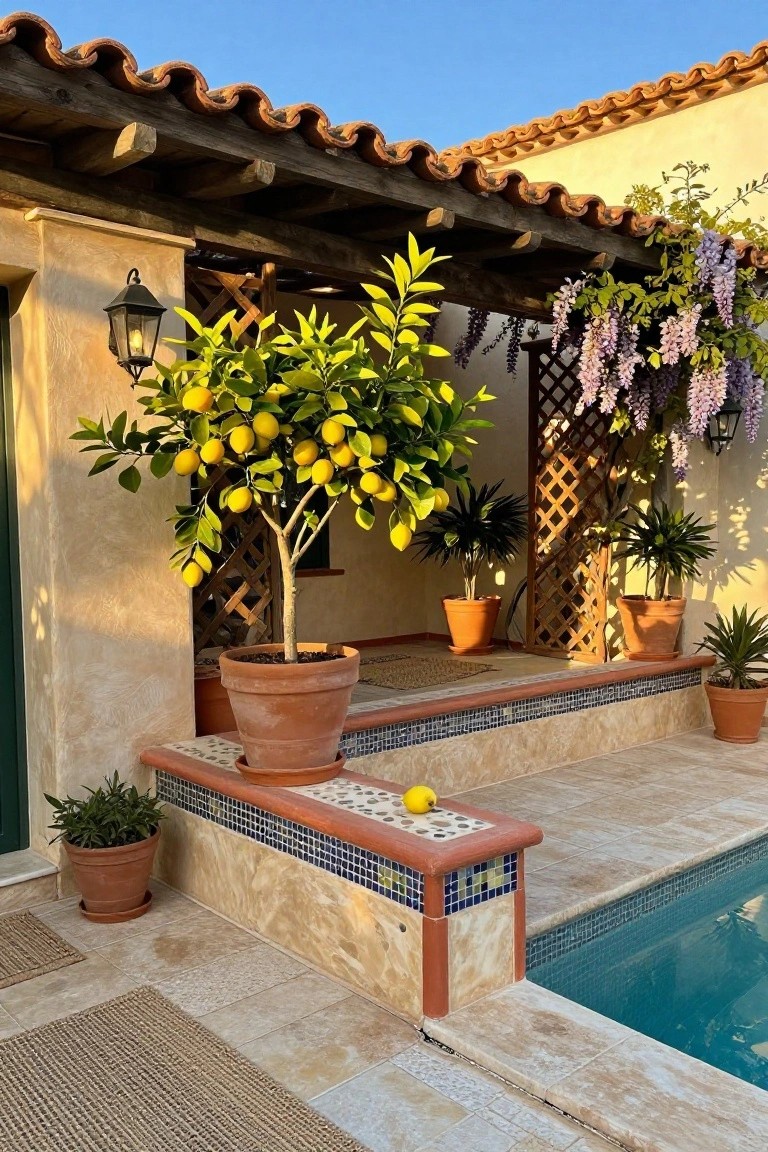 Terracotta pot holding a small lemon tree with yellow lemons next to tiled pool steps, with potted palms, wisteria on pergola above, and blue pool water visible.