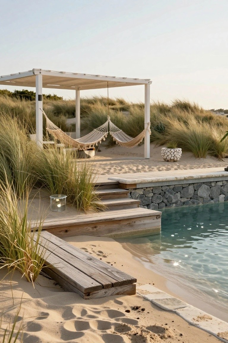 White pergola with two beige hammocks hanging from its beams, surrounded by tall dune grasses on a sandy beach next to a turquoise pool edged by wooden decking and stone steps.
