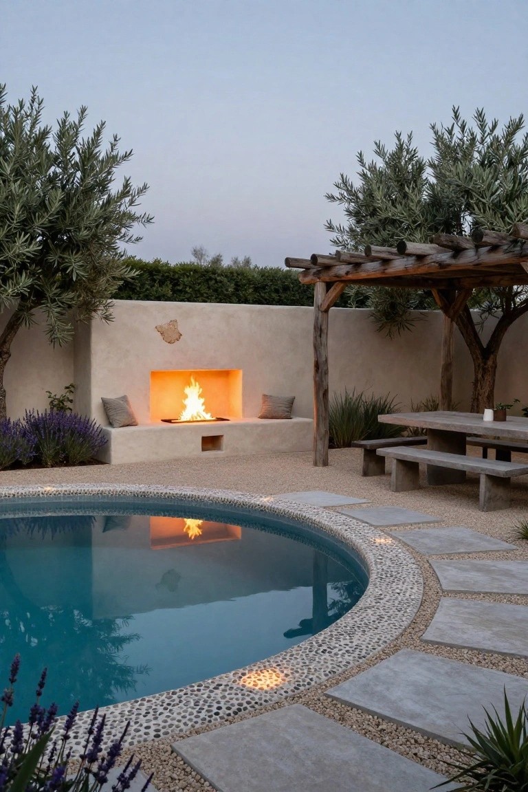 Curved turquoise pool with white pebble edging adjacent to a beige stucco wall containing a linear orange fire pit, wooden pergola overhead, rustic dining table and benches on gravel ground, olive trees, lavender plants, and dusk sky.