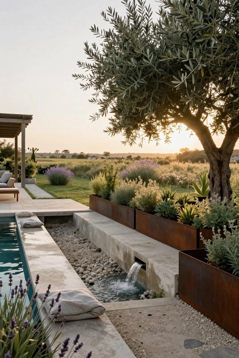 Outdoor infinity-edge pool with adjacent narrow pebble-lined water channel flowing alongside, edged in concrete and bordered by corten steel planters filled with grasses and succulents, lavender cushions on the edge, and an olive tree nearby at sunset.