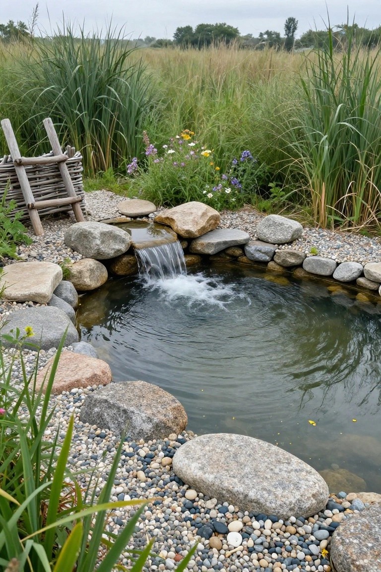 Small circular pond lined with natural rocks and boulders, featuring a short waterfall cascading into the water, surrounded by gravel, pebbles, tall grasses, and wildflowers.