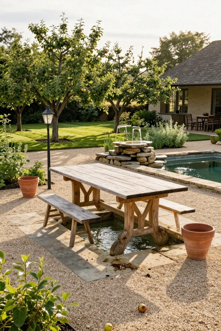 Weathered wooden picnic table and benches with legs positioned in a shallow rectangular stone-lined water basin next to a turquoise pool, surrounded by gravel path, potted plants, apple trees, and a house in the background.