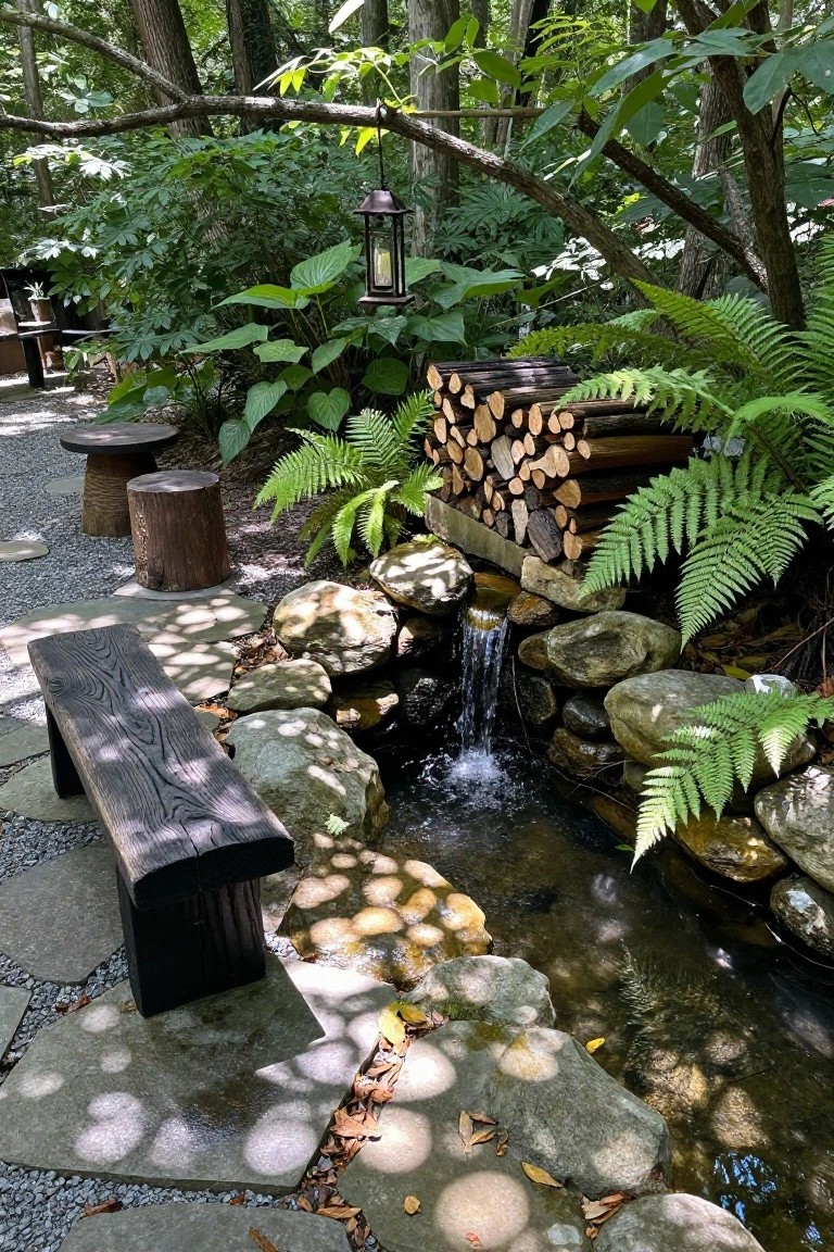 Small garden pond with water flowing over stacked rocks into a shallow pool, surrounded by ferns, firewood stack, wooden stools, bench, and stone path in wooded setting.