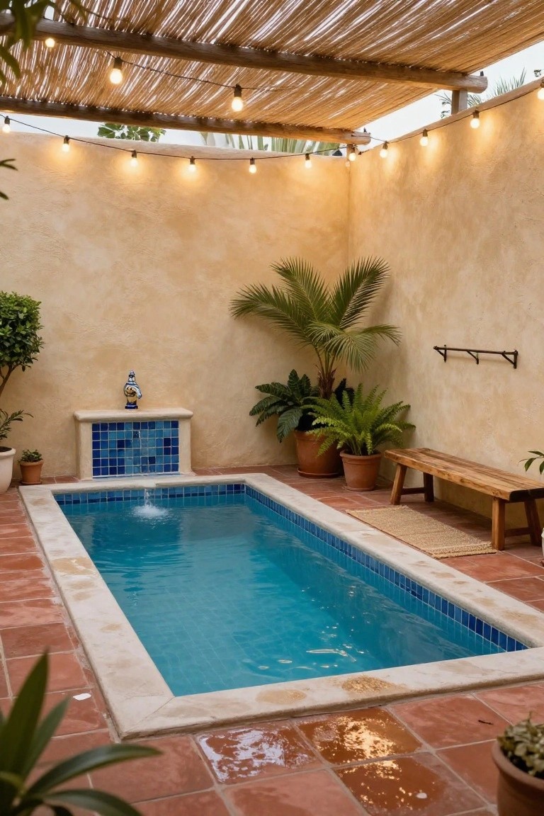 Small rectangular blue-tiled plunge pool in a terracotta-floored courtyard with beige walls, potted plants, wooden bench, blue-tiled fountain wall, string lights, and thatched roof overhead.