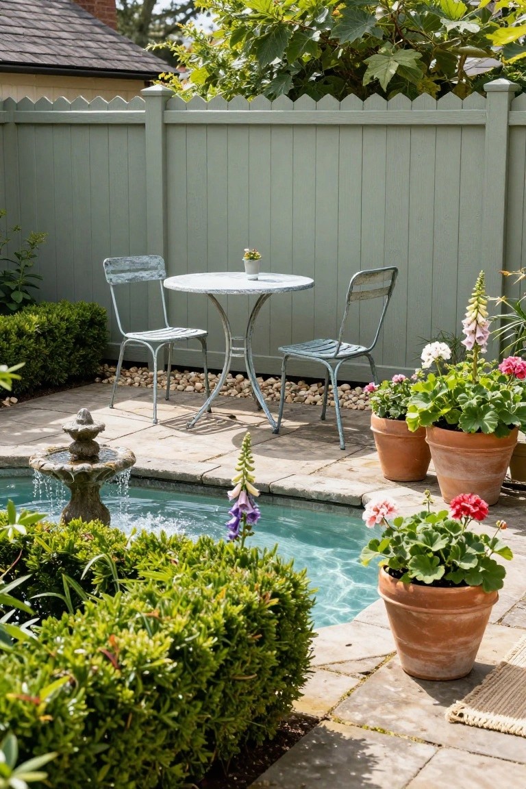 Small turquoise pool with stone fountain at center, surrounded by green hedges and potted plants including foxgloves and geraniums, metal bistro table and chairs on stone patio next to pale green fence.