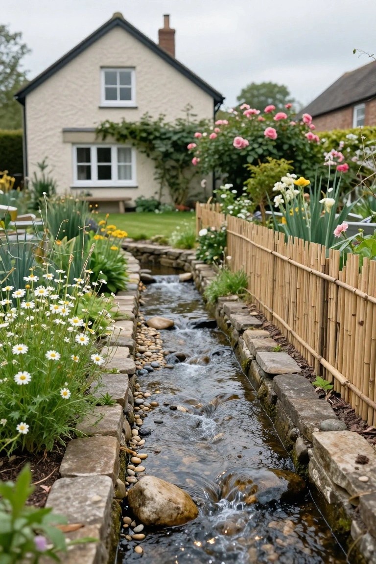 A narrow stream flows through a garden channel lined with stacked stone walls, bordered by white daisies, green plants, and a bamboo fence, next to a white house with pink roses climbing the wall.