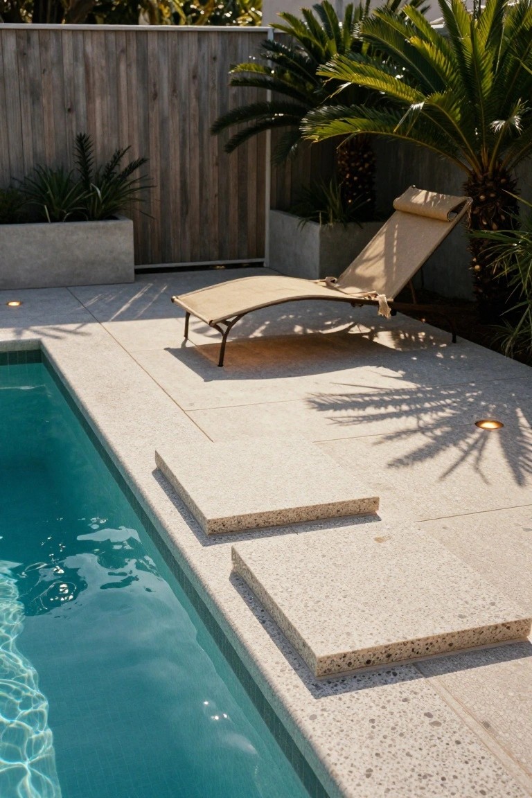 Close view of a turquoise pool with light beige exposed aggregate concrete deck and overhanging slabs at the edge, a beige lounge chair positioned nearby, surrounded by potted plants, palm trees, and a wooden fence.