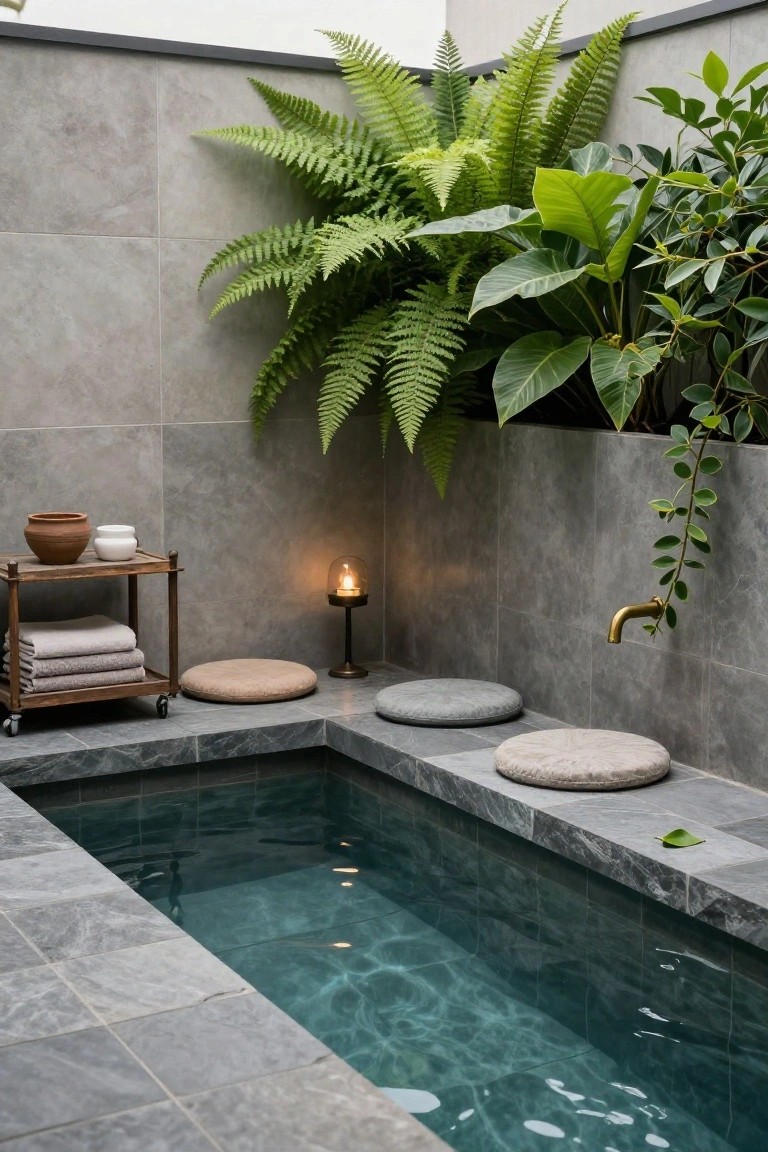 Small rectangular plunge pool in a tiled corner with gray slate surround, overhanging ferns and green plants on walls, beige and gray zabuton cushions on edges, wooden cart holding towels and pottery, brass wall faucet, and candle lamp nearby.