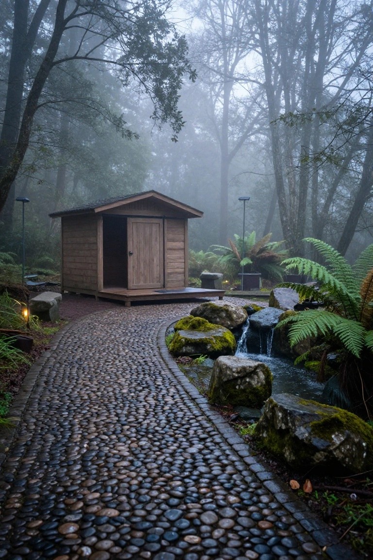 Wooden shed on a raised platform at the end of a curved pebble path winding past mossy rocks, ferns, and a small stream in a misty forest with tall trees.