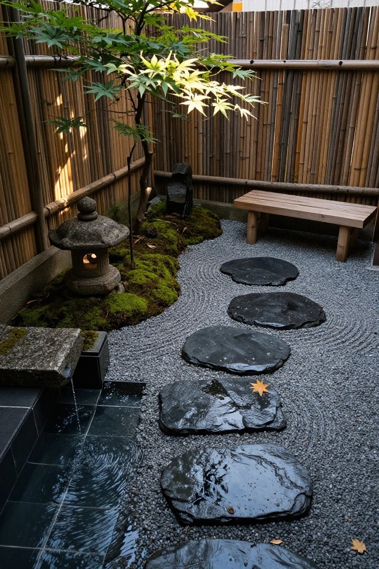 Japanese-style zen garden with light gray gravel paths raked in circular patterns, large black slate stepping stones, moss-covered rocks and lantern, wooden bench, bamboo fence, and small black stone water basin with flowing water.