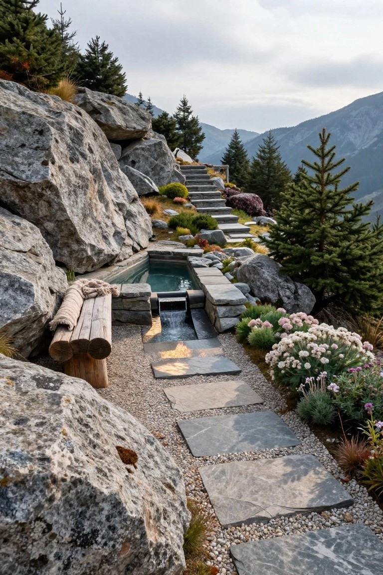 Small turquoise pool integrated into large gray boulders on a mountainside, with stone steps ascending nearby, a wooden bench, water cascade, slate path, plants, and pine trees.