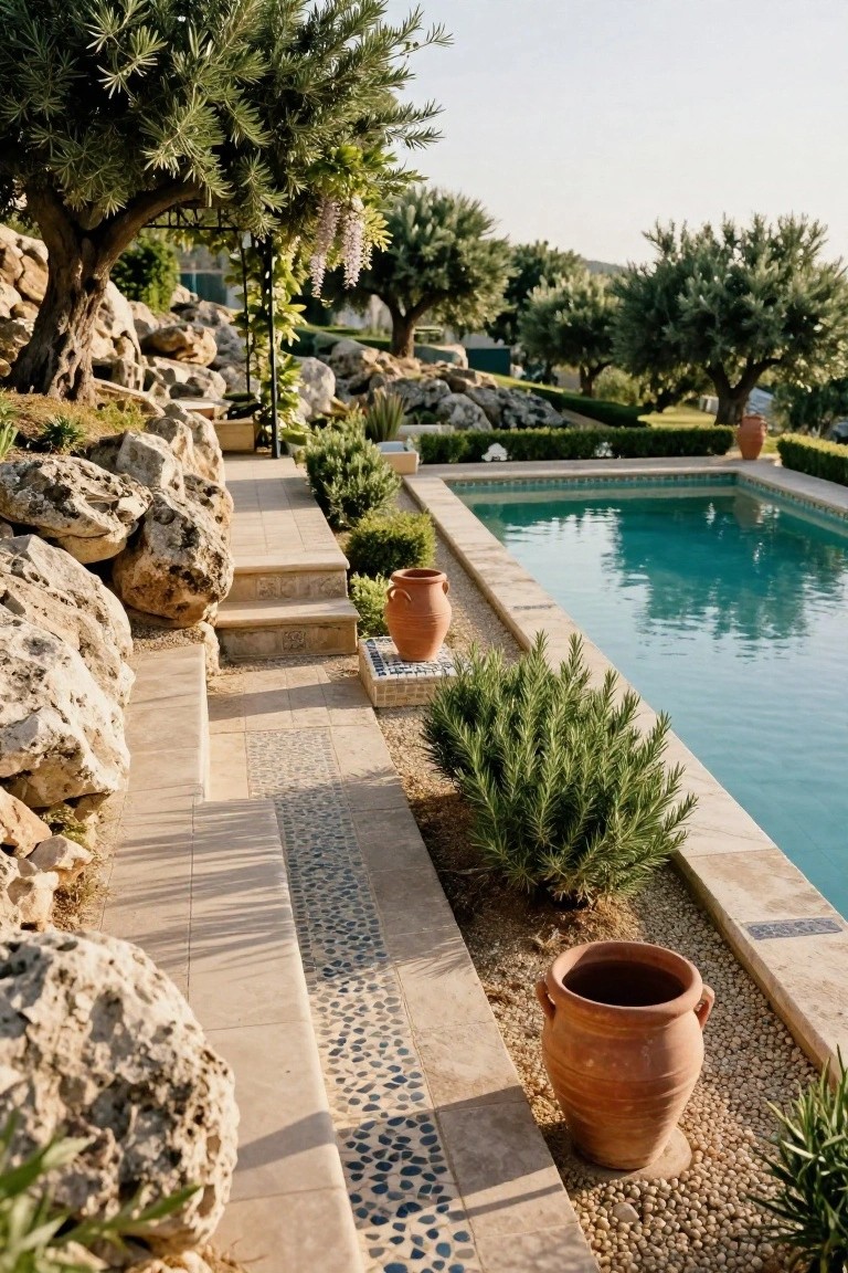Turquoise rectangular pool edged with beige stone tiles, wide steps, large beige boulders, terracotta pots, rosemary shrubs, and olive trees on a rocky hillside.