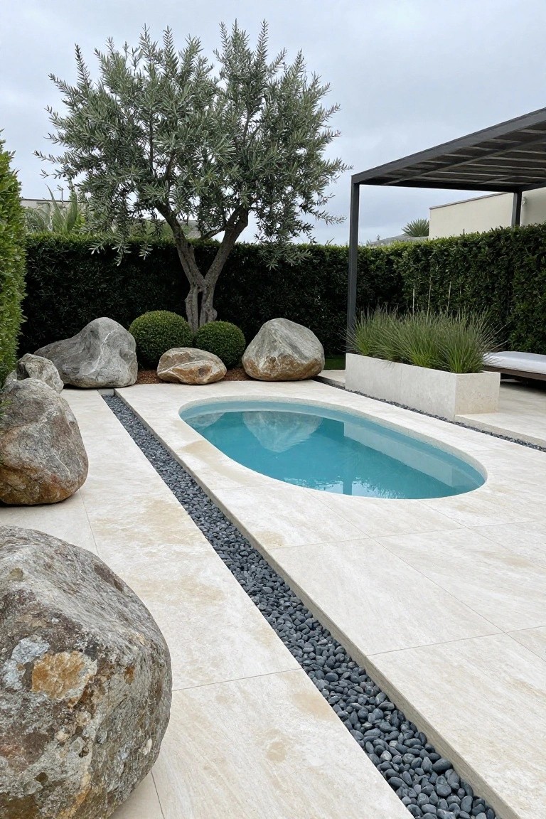 Oval turquoise pool edged by travertine tiles and a pebble trench, surrounded by large irregular boulders, grasses, boxwood shrubs, an olive tree, and hedges in a backyard garden.