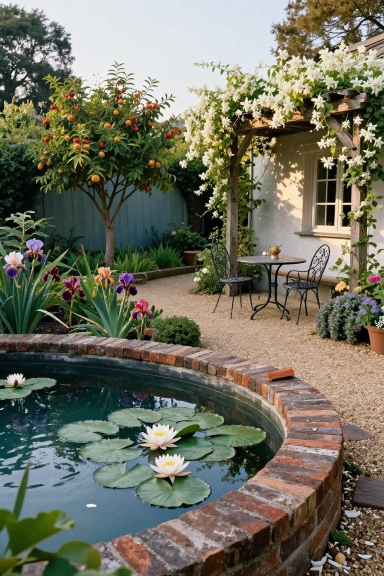 Circular pond edged in red brick with green water and white water lilies, surrounded by gravel ground, colorful iris flowers, citrus trees with orange fruit, white flowering vine on wooden arbor, small metal bistro table and chairs, and plants against a white stucco wall.