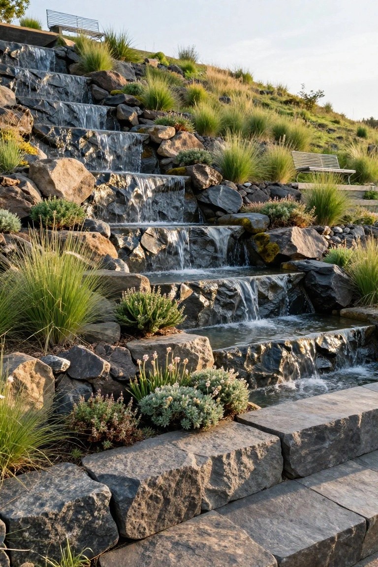 Stone steps formed from large rocks with water cascading down multiple levels on a grassy, rocky slope, surrounded by native grasses and featuring metal benches.