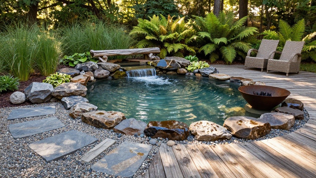 Small oval natural pool with turquoise water and gentle waterfall, edged by large moss-covered boulders, surrounded by gravel ground cover, irregular stepping stones, hosta plants, ferns, and wooden deck with seating in the background.