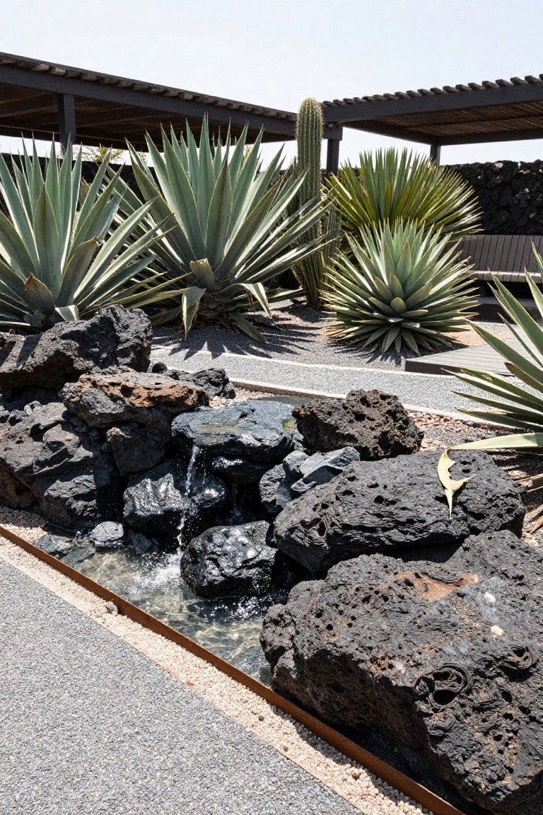 Black porous lava rocks stacked to form a small rectangular pool with a cascading waterfall, surrounded by agave plants, cacti, gravel paths, and distant wooden pergolas.