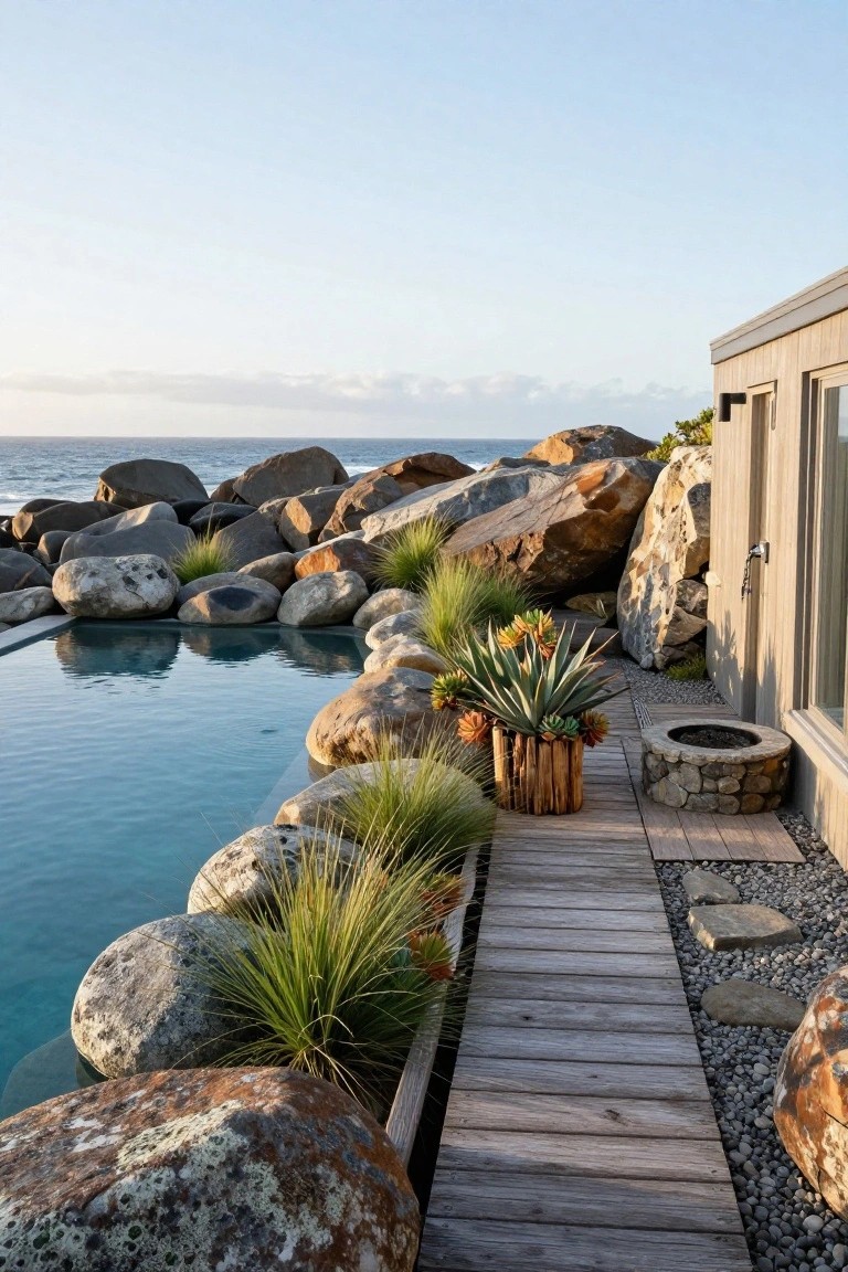 Infinity-edge pool surrounded by large gray boulders, native grasses, agave plants in a wood container, wooden walkway, stone fire pit, and modern house wall near ocean rocks.