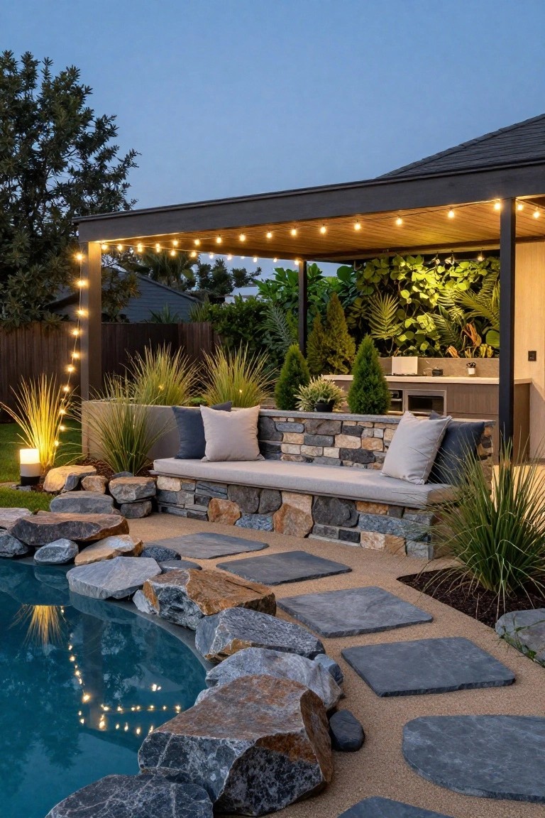 Turquoise pool surrounded by large irregular gray, brown, and rust-colored boulders and rocks at the edge, with dark slate stepping stones on tan gravel path leading from a cushioned stone bench under a pergola with string lights.