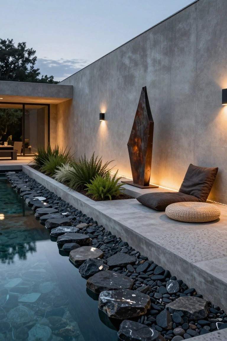 Modern concrete house wall next to a rectangular pool edged with irregular black rocks and pebbles, with plants in a raised bed, a tall metal sculpture, wall lights, and cushioned floor seating on a concrete terrace at dusk.