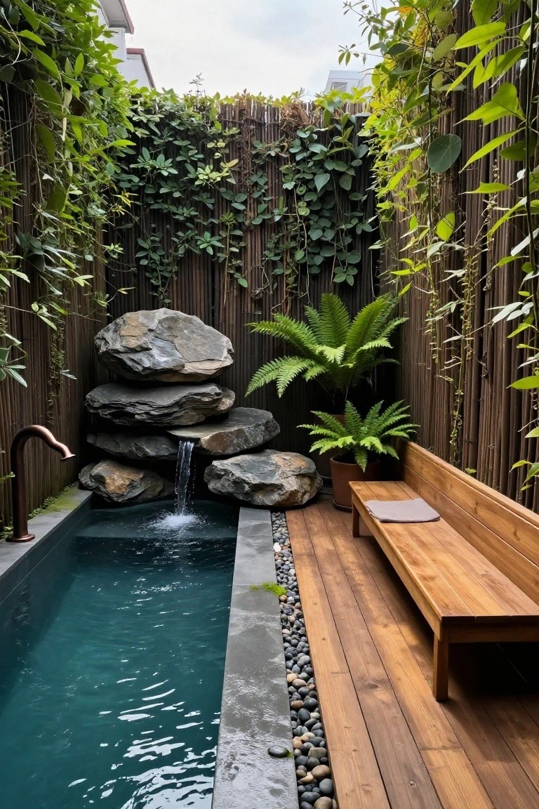 Small rectangular pool with turquoise water fed by a waterfall from stacked large gray rocks, surrounded by bamboo fencing covered in green vines and ferns, wooden bench on deck nearby.