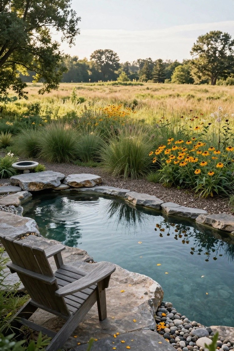 Small turquoise pool with rippling water edged by irregular stacked rocks and pebbles, next to a wooden Adirondack chair, surrounded by grasses, yellow black-eyed Susan flowers, and distant fields.