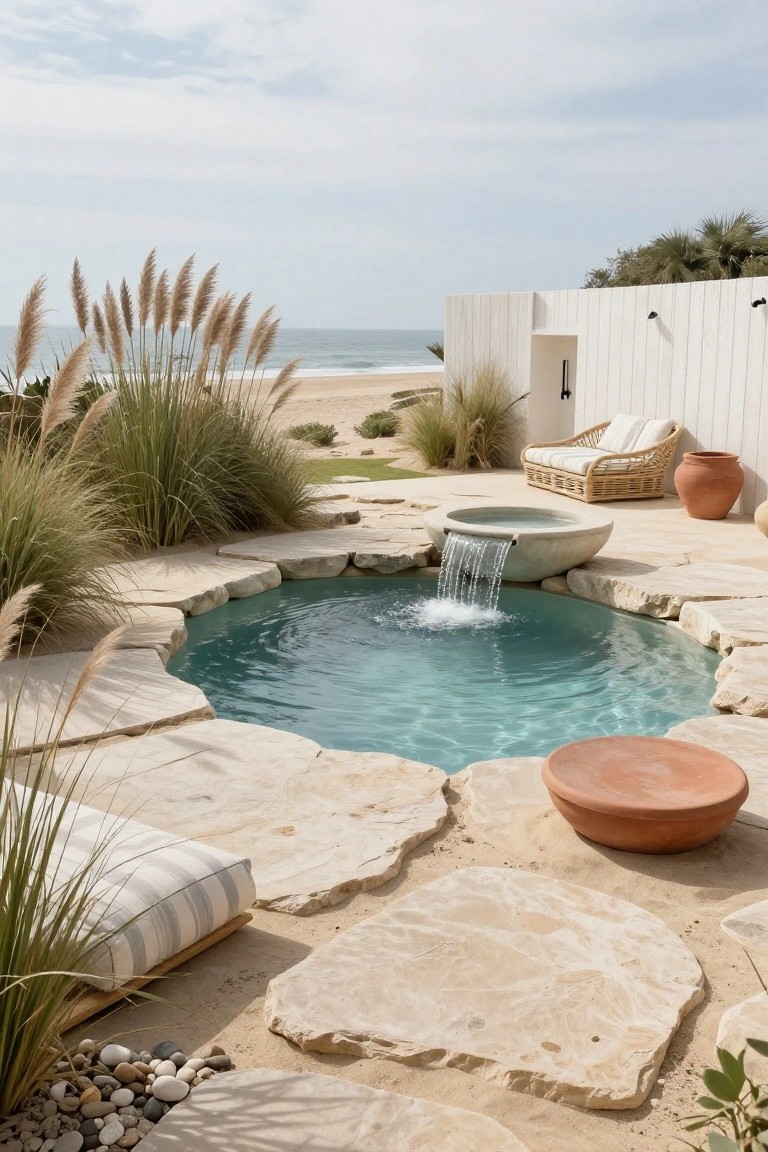 Small turquoise pool with irregular pale stone slab edging and surrounding deck, stone waterfall basin, pampas grasses, woven lounge chairs, terracotta pots, and sandy beach view.