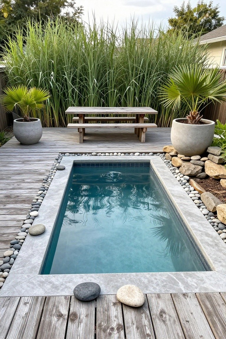 Small rectangular plunge pool with gray stone edges lined by white pebbles and rocks, set into a wooden deck surrounded by potted plants, tall grasses, palms, and stone piles.