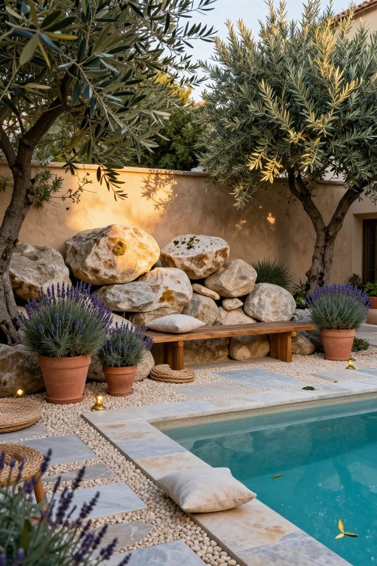 Wooden bench with white cushions against stacked large beige boulders with lavender plants in terracotta pots, next to a turquoise pool edged in stone tiles and pebbles, olive trees and lanterns nearby.