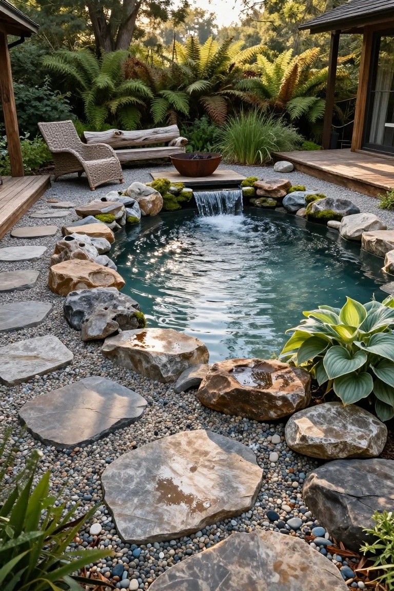Small oval natural pool with turquoise water and gentle waterfall, edged by large moss-covered boulders, surrounded by gravel ground cover, irregular stepping stones, hosta plants, ferns, and wooden deck with seating in the background.