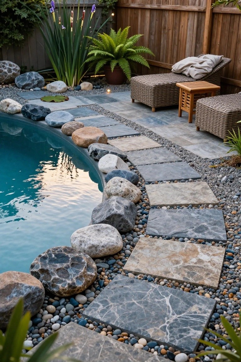 Curved turquoise pool edge lined with large irregular rocks in grays and whites, bordered by slate stepping stones, pebble gravel paths, tropical plants, and wicker lounge chairs on a wooden fence backyard.