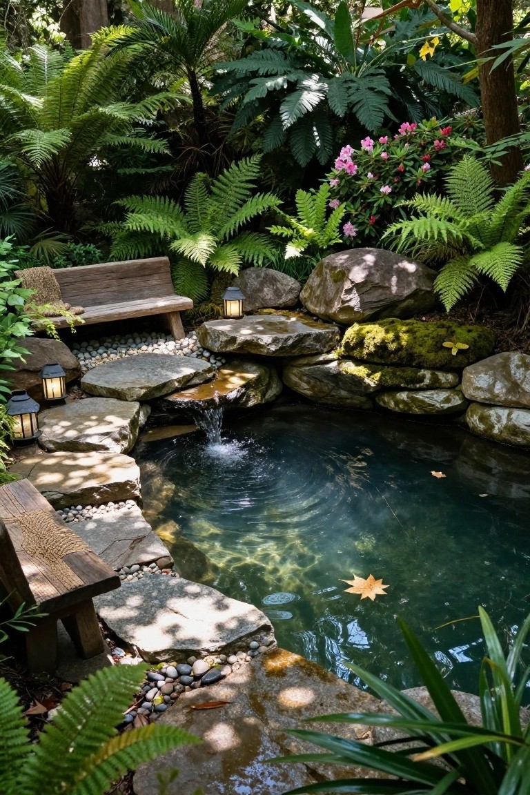 Small turquoise pool with rock edges and waterfall in a lush garden setting, featuring wooden benches, stone steps, ferns, lanterns, and pebbles.