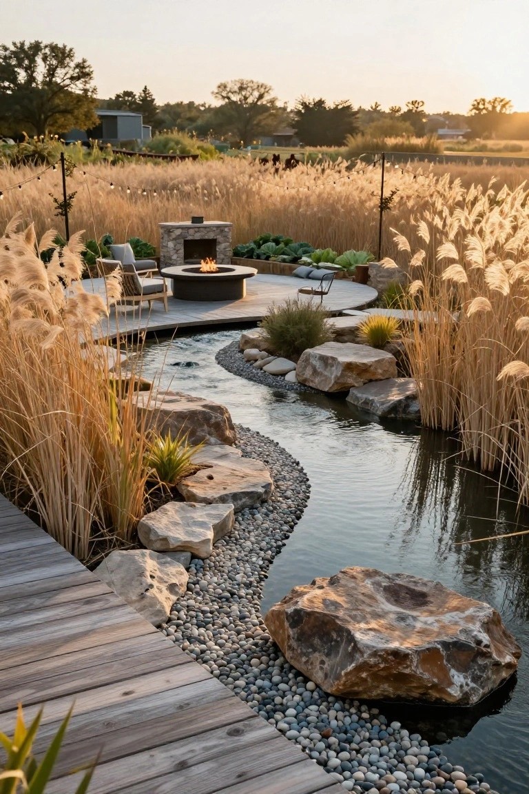 Wooden walkway bordering a curving stream edged with large rocks, pebbles, and tall ornamental grasses near a fire pit seating area in a garden.