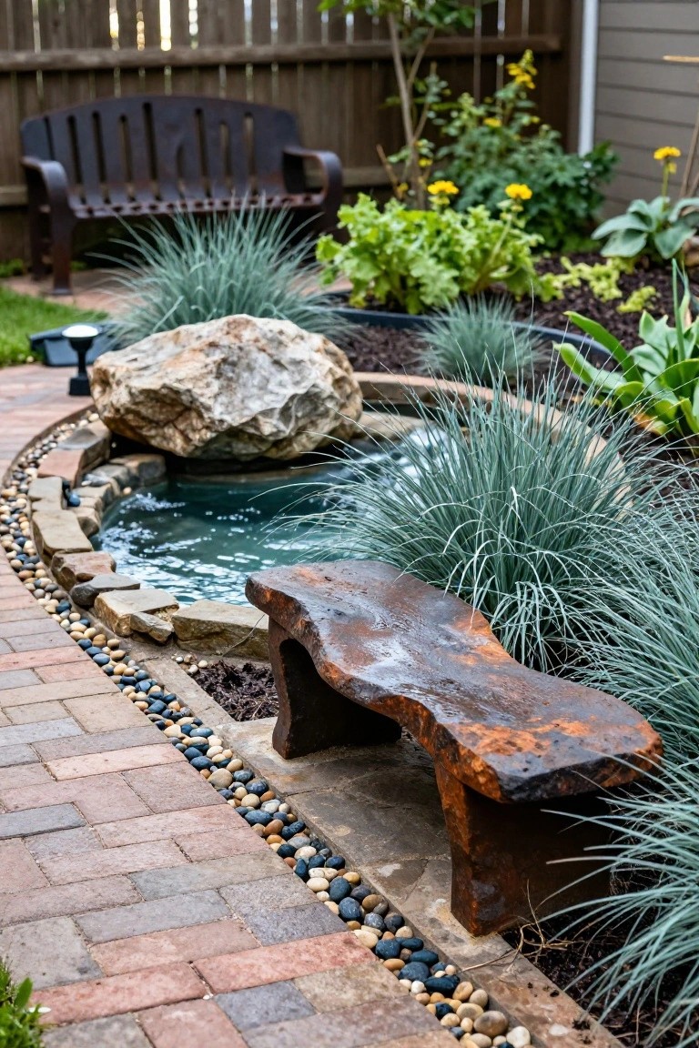 Curved natural pool in a backyard edged with stones and pebbles, featuring a large boulder, ornamental blue grasses, a rusty metal bench, brick path, and wooden bench in the background.