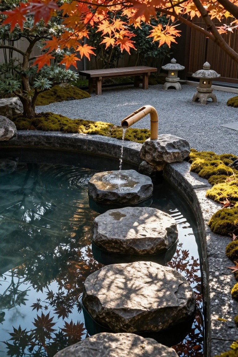 Curved stone-lined natural pool with large flat rocks placed as stepping stones across the water surface, bamboo fountain pouring into one end, surrounded by gravel ground, moss patches, boulders, stone lanterns, and overhanging red maple branches.