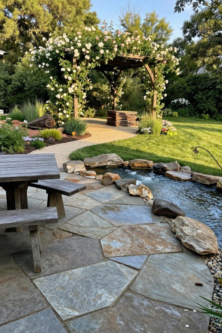 Wooden picnic table on irregular flagstone pavers next to a small pond lined with natural rocks and flowing water, surrounded by plants, gravel path, and rose-covered wooden arbor in a garden setting.