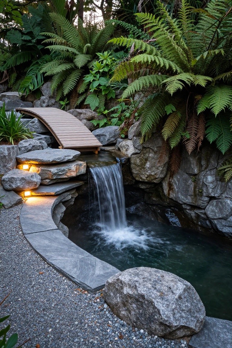 Small garden pool with waterfall cascading from layered gray rocks, surrounded by green ferns, a curved wooden bridge, and stone hardscaping on gravel ground.