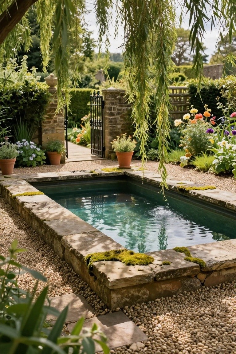 Small rectangular pool with moss-covered stone edges and pebble surround in a lush garden, featuring potted plants, flowers, a weeping willow tree, and an iron gate nearby.