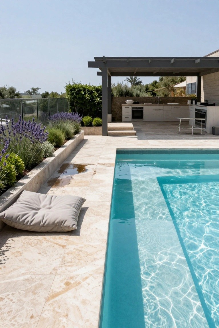 Light beige travertine tiled deck along the edge of a rectangular pool with clear blue water, gray floor pillow nearby, lavender plants in raised border, and outdoor kitchen with white cabinets under a pergola in the background.