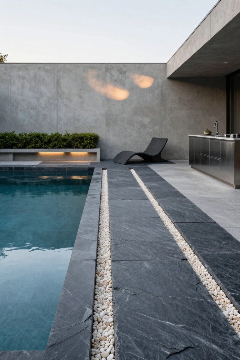 Outdoor pool with dark slate decking edged by a linear trench of white pebbles, a curved black lounger chair nearby, concrete walls, boxwood planters, and stainless steel outdoor kitchen cabinets.