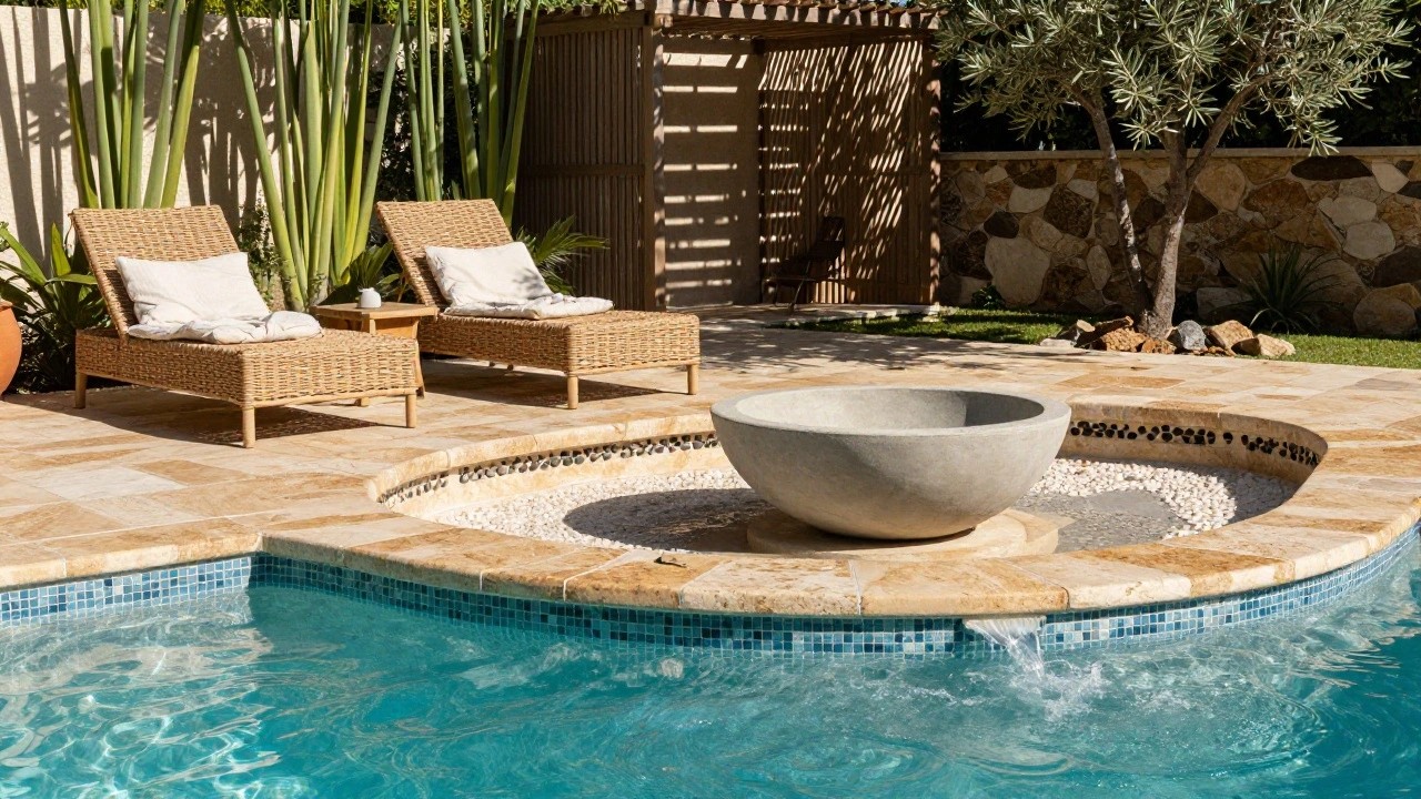 Curved turquoise pool with beige travertine stone decking, rattan loungers with cushions, stone water feature with fire bowl, potted plants, agave, olive trees, and wooden pergola beside beige stucco wall.