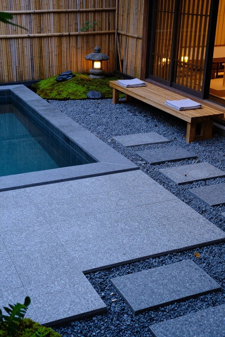 Small rectangular pool with dark tiled interior and edges, surrounded by large rectangular gray stone slabs, dark gravel mulch, moss-covered rocks, stepping stones, wooden bench with folded towels, stone lantern, and bamboo fence beside sliding wood-and-glass doors to an interior room.