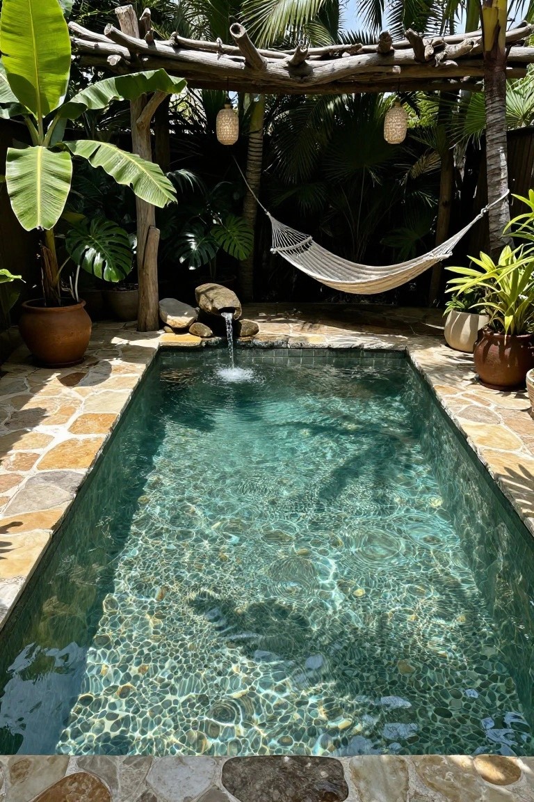 Small rectangular pool with turquoise pebble mosaic tiles on the bottom and walls, a rock waterfall feeding into it, surrounded by tropical plants, a white hammock, hanging lanterns, and terracotta pots on a stone-tiled patio.