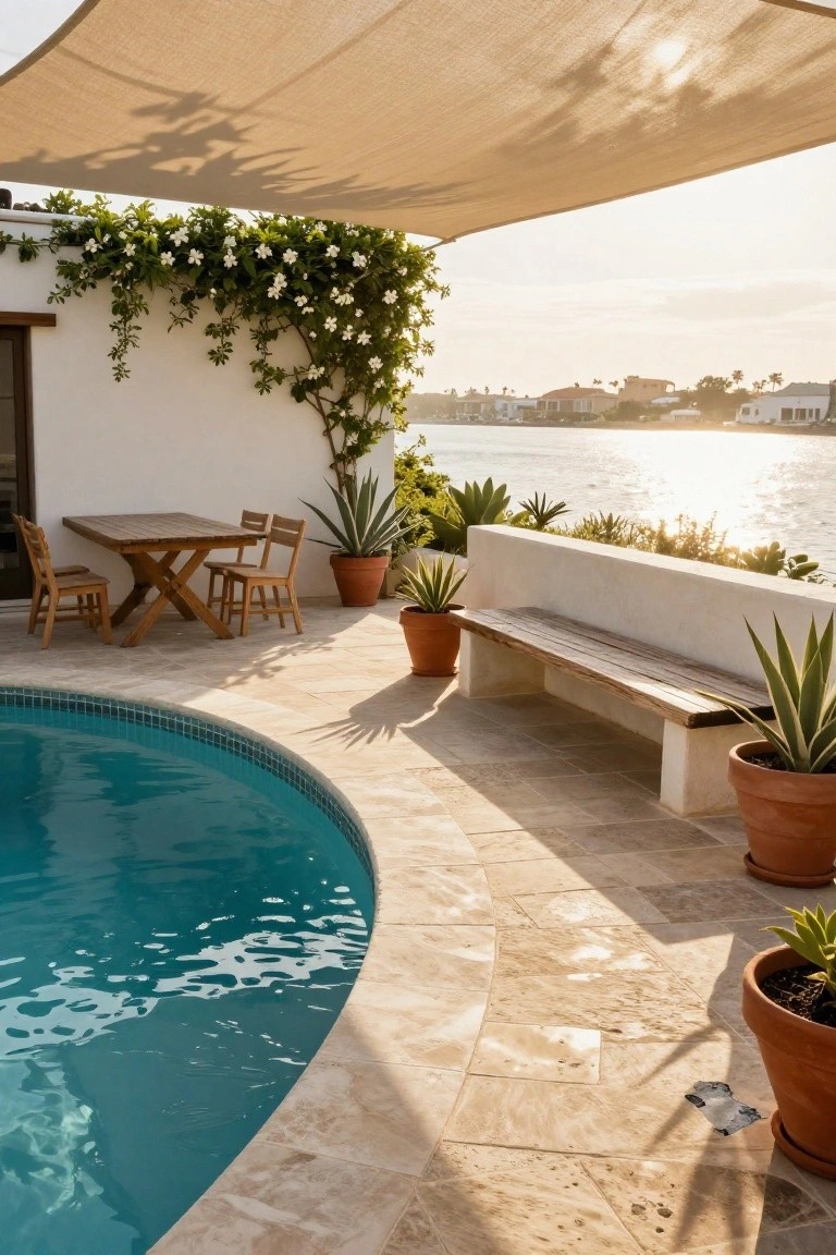 Curved turquoise pool surrounded by beige natural stone tiles on a patio deck with wooden table and chairs, bench, agave plants in terracotta pots, white wall with flowering vine, beige shade canopy, and waterway view at sunset.