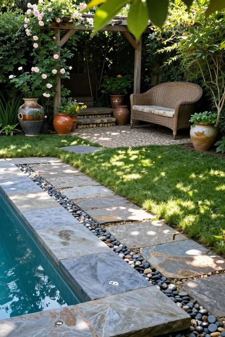 Pool edge made of irregular gray natural stone slabs with black pebbles filling the joints, next to a grassy lawn and stone walkway.