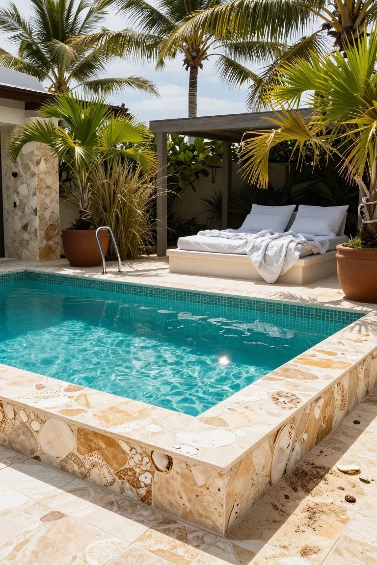 Small turquoise pool with beige natural stone coping embedded with shells, next to a cushioned daybed under a pergola amid tropical plants and stone walls.