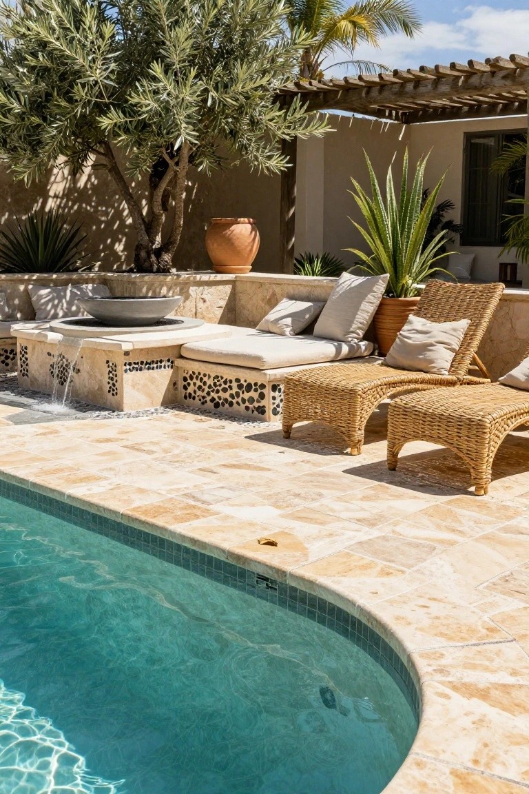 Curved turquoise pool with beige travertine stone decking, rattan loungers with cushions, stone water feature with fire bowl, potted plants, agave, olive trees, and wooden pergola beside beige stucco wall.