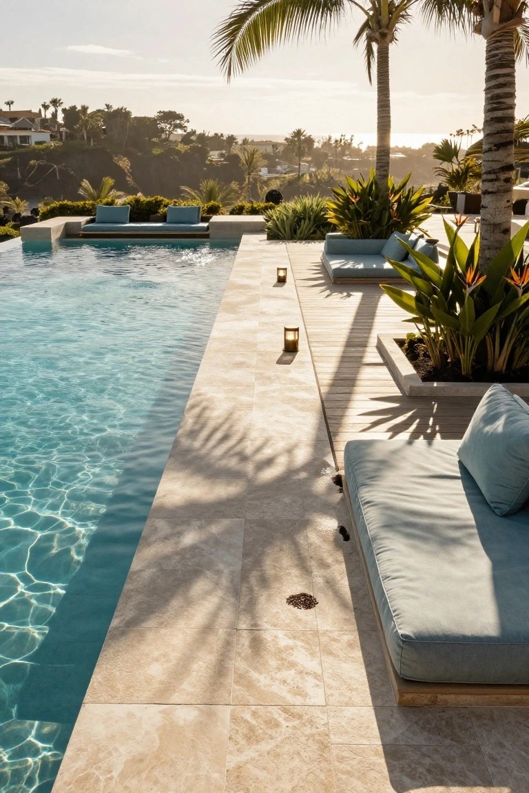 Infinity-edge pool with turquoise water bordered by pale beige natural stone tiles on a deck, featuring low blue lounging cushions, tropical plants, lanterns, and palm trees overlooking a hilly coastal landscape at sunset.