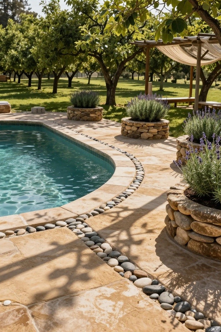 Curved turquoise-tiled swimming pool with beige stone decking edged by smooth gray and white pebbles, surrounded by circular stone planters filled with lavender and set amid green lawn and olive trees.